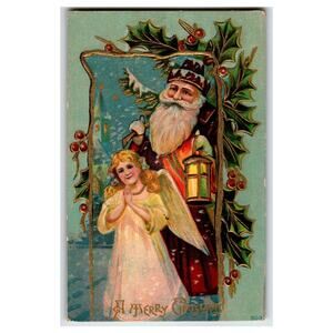 Vintage 1914 Embossed Christmas Santa & Angel Postcard Holiday Greeting